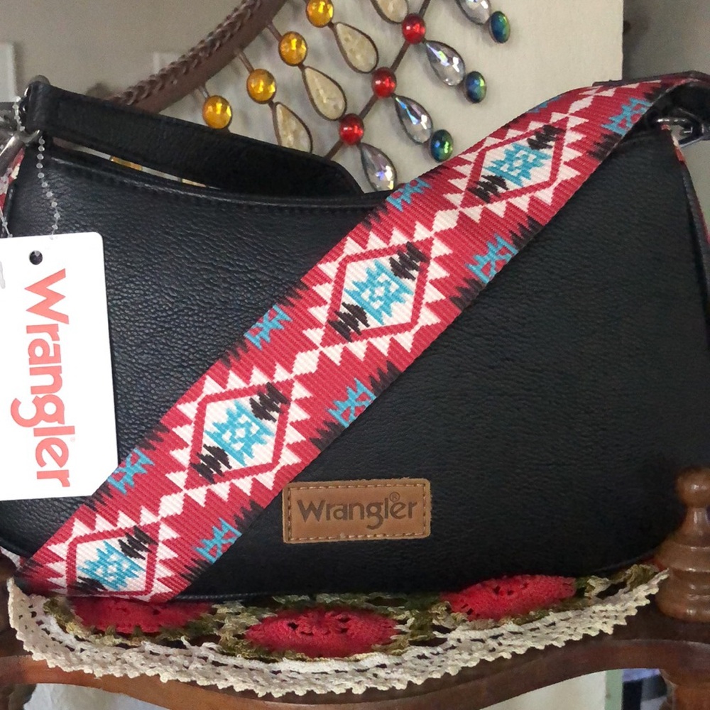 NWT Wrangler Black Faux Leather Crossbody w/ Geometric Print Strap